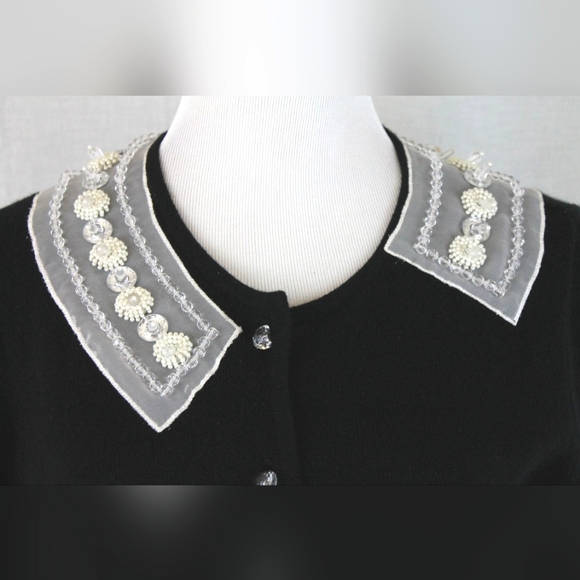 Trelise Cooper Pure Cashmere Cardigan Beaded Silk Lace Collar, Crystal Buttons - Picture 3 of 9